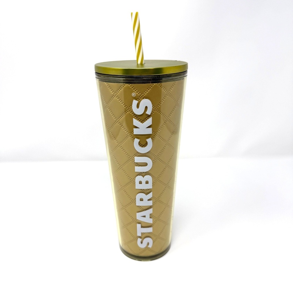 Starbucks Gold Quilted Cold Cup Tumbler 24 oz Reusable Straw Lid Chip‎